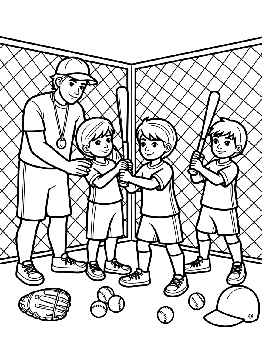 A group of classmates, practicing in the nets with a coach adjusting their batting stance.