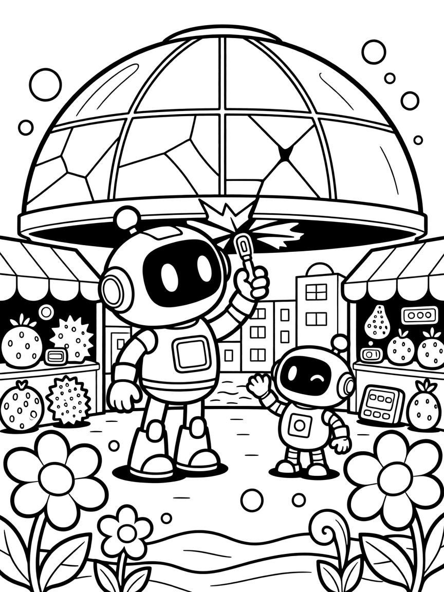 Beep-Boop, a curious little rescue robot repairing a cracked dome over an underwater city near a colorful alien marketplace filled with strange fruits and gadgets, surrounded by a small robot sidekick cheering and a garden of oversized glowing flowers.