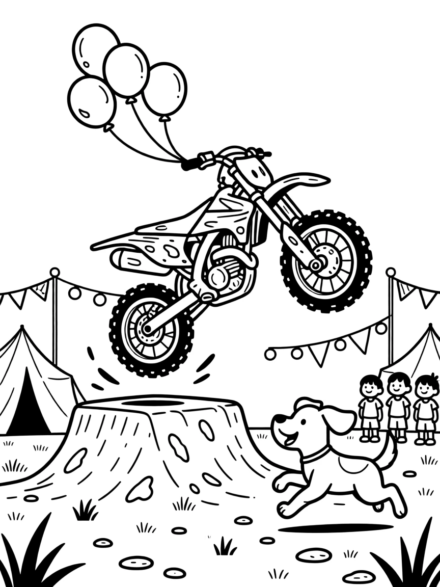 This coloring page shows a mud-splattered motocross dirt bike catching air off a jump making its way across a festival ground lit up with strings of colorful lights, accompanied by a friendly dog with its ears flapping in the wind, while balloons tied to the rearview mirror adds extra charm to the scene.