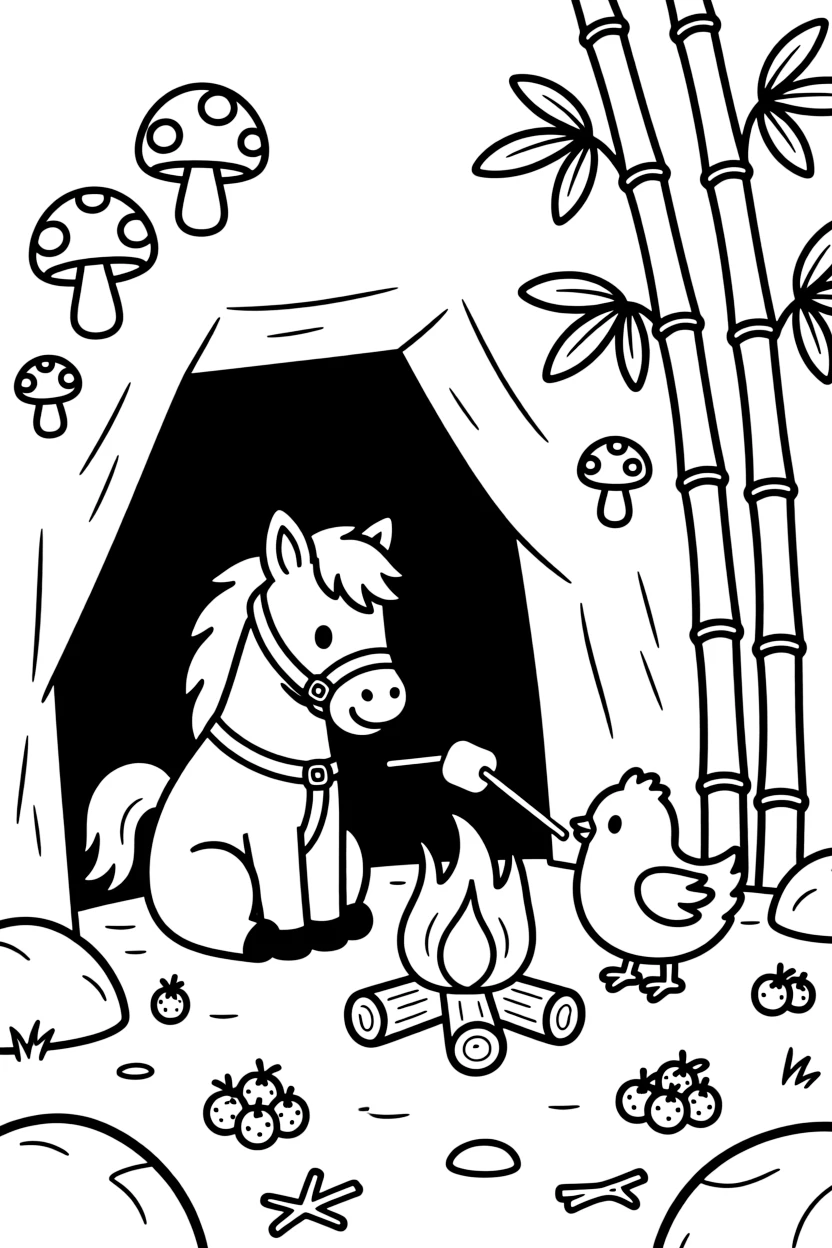A foal in a cave glowing with mushrooms, roasting marshmallows by a campfire with a chick, next to a tall bamboo grove, with ripe berries scattered on the ground.