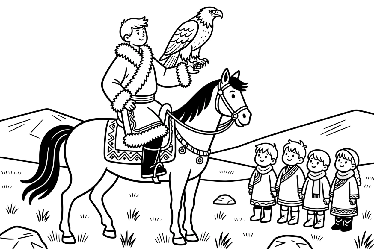 A coloring page showing an eagle hunter riding horseback with a golden eagle perched on his arm in Mongolia, admired by a group of delighted children gathered close by.