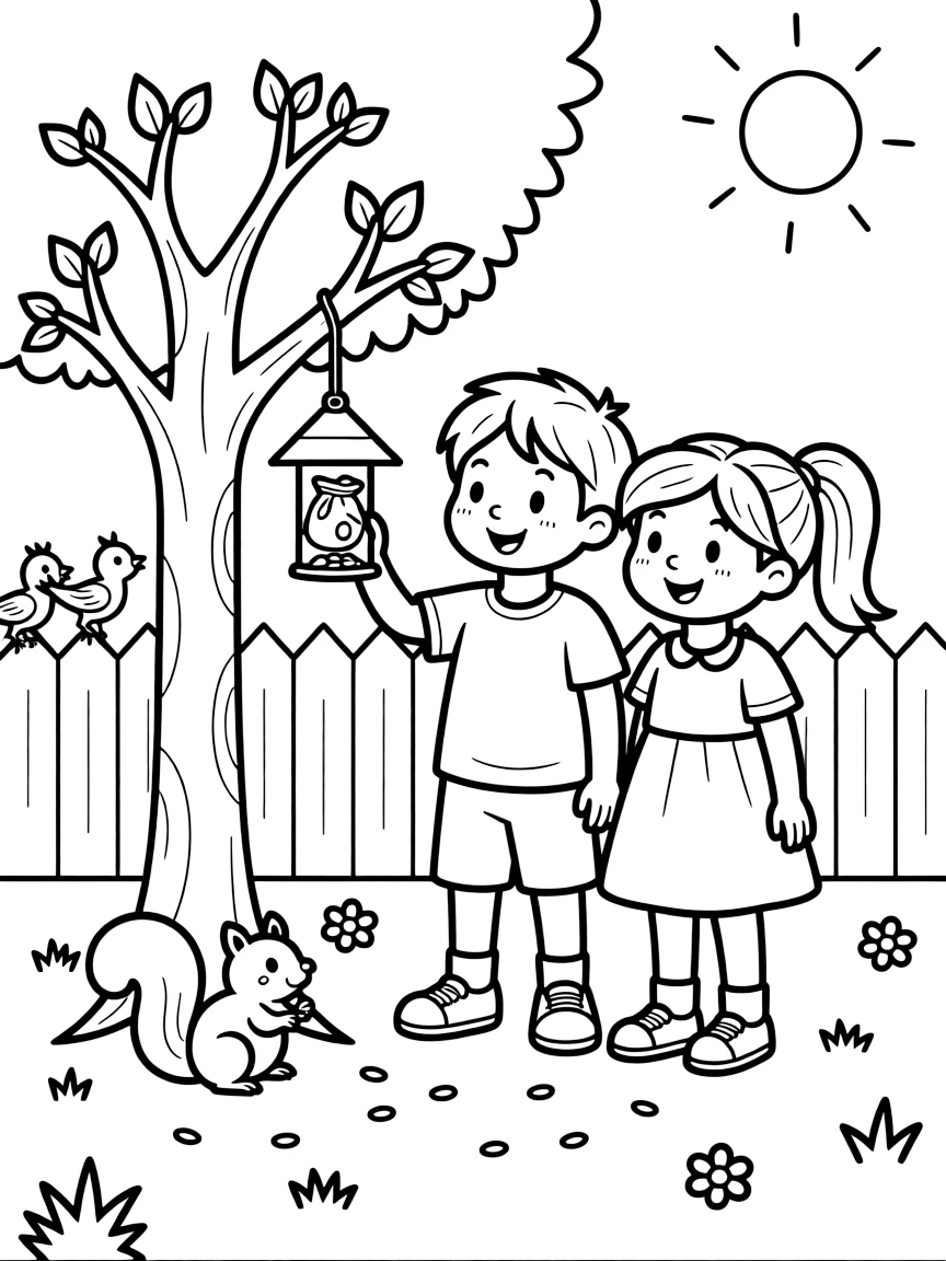a proud pair of best friends listens to birdsong while filling a feeder with seeds in a backyard tree.