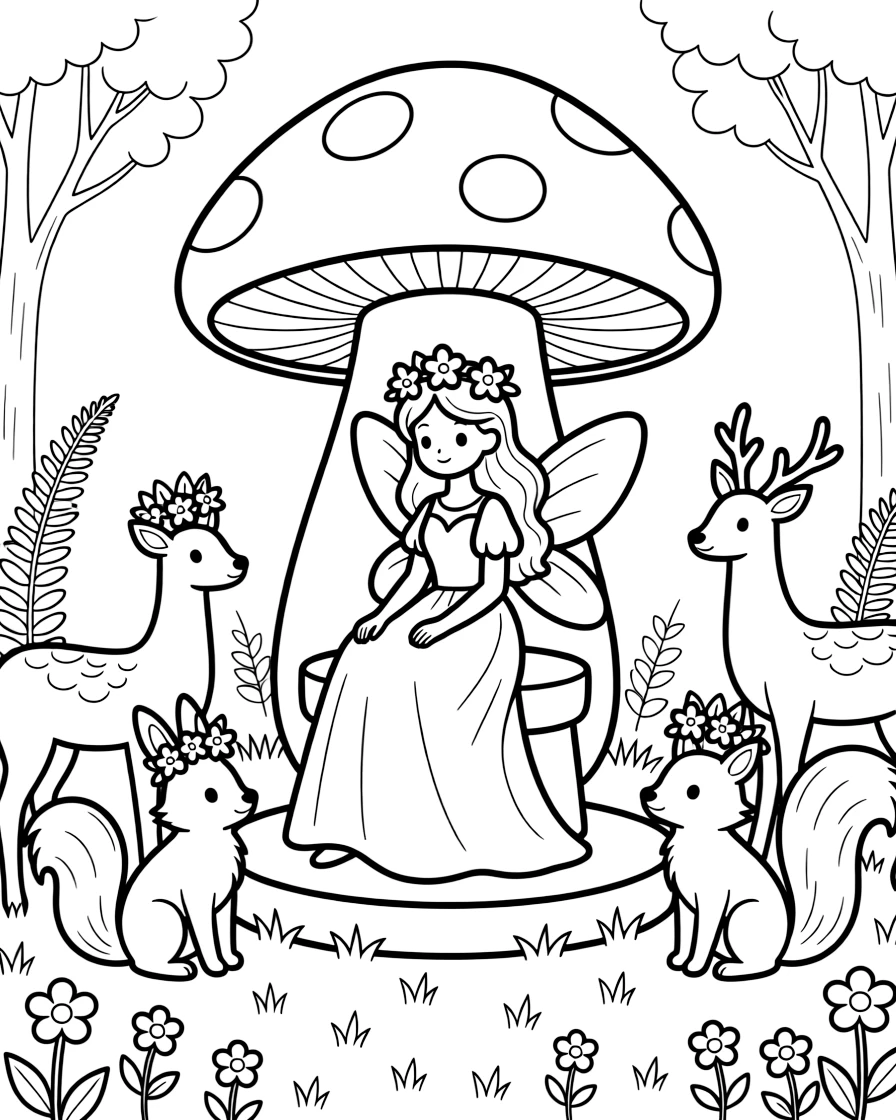 A fairy queen's coronation takes place atop a giant mushroom throne, surrounded by kneeling woodland creatures offering flower crowns.