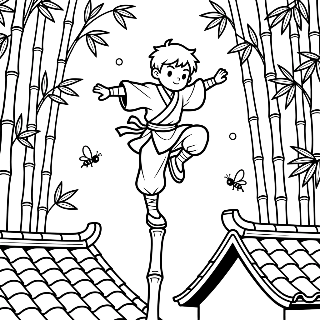 [Ninjas] a ninja leaping between rooftops balancing on a tall bamboo stalk within a peaceful bamboo forest. In the background, bamboo stalks sway gently nearby, adding extra fun to explore. Soft-soled shoes allow for quiet steps. It all happens on a crisp autumn afternoon, with fireflies beginning to glow.