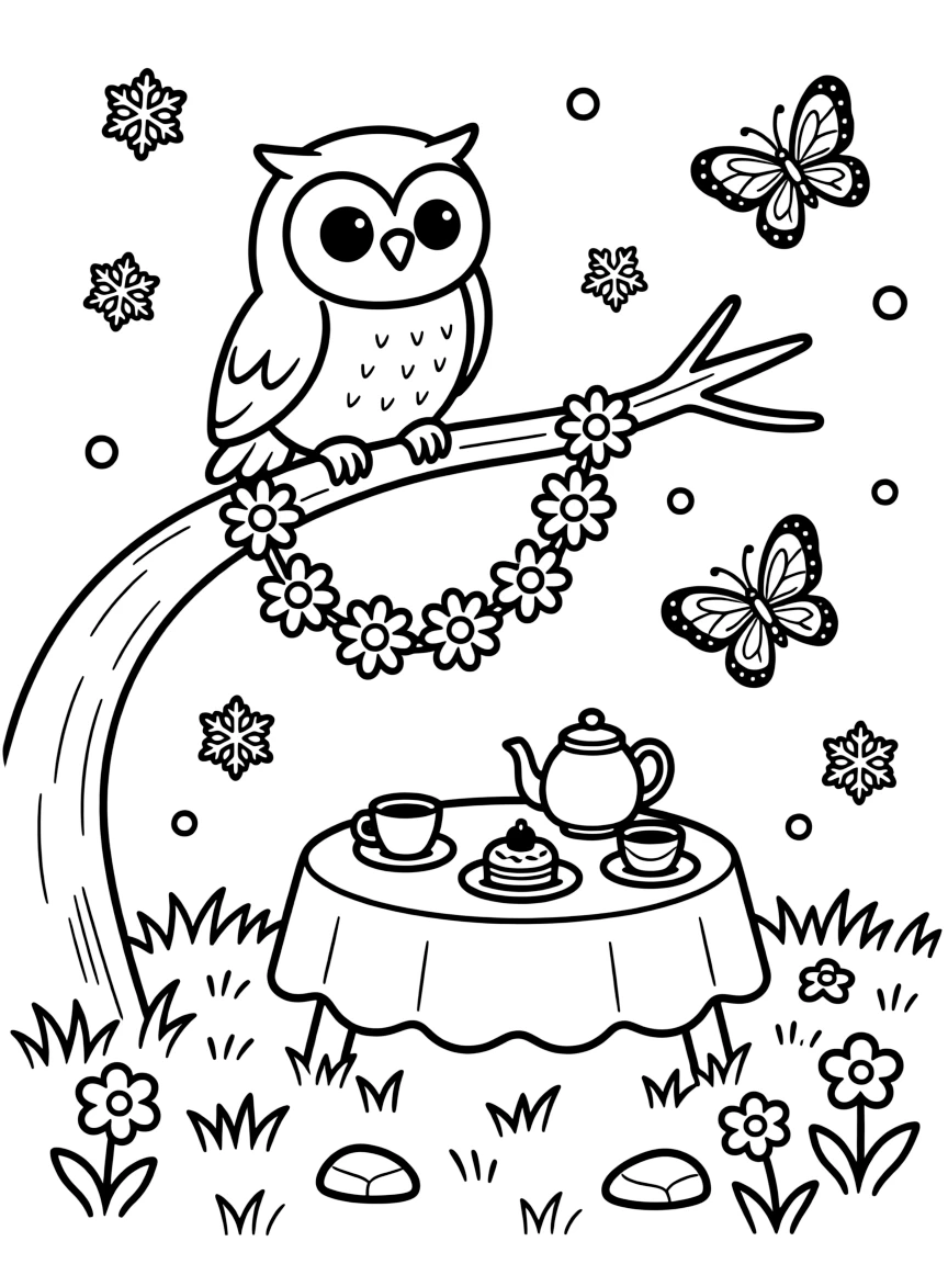 A wise little owl perched on a branch is stringing together a daisy chain necklace at a tiny tea party set up in the grass. Scattered nearby, gently falling snowflakes and fluttering butterflies drifting nearby add to the delightful moment.