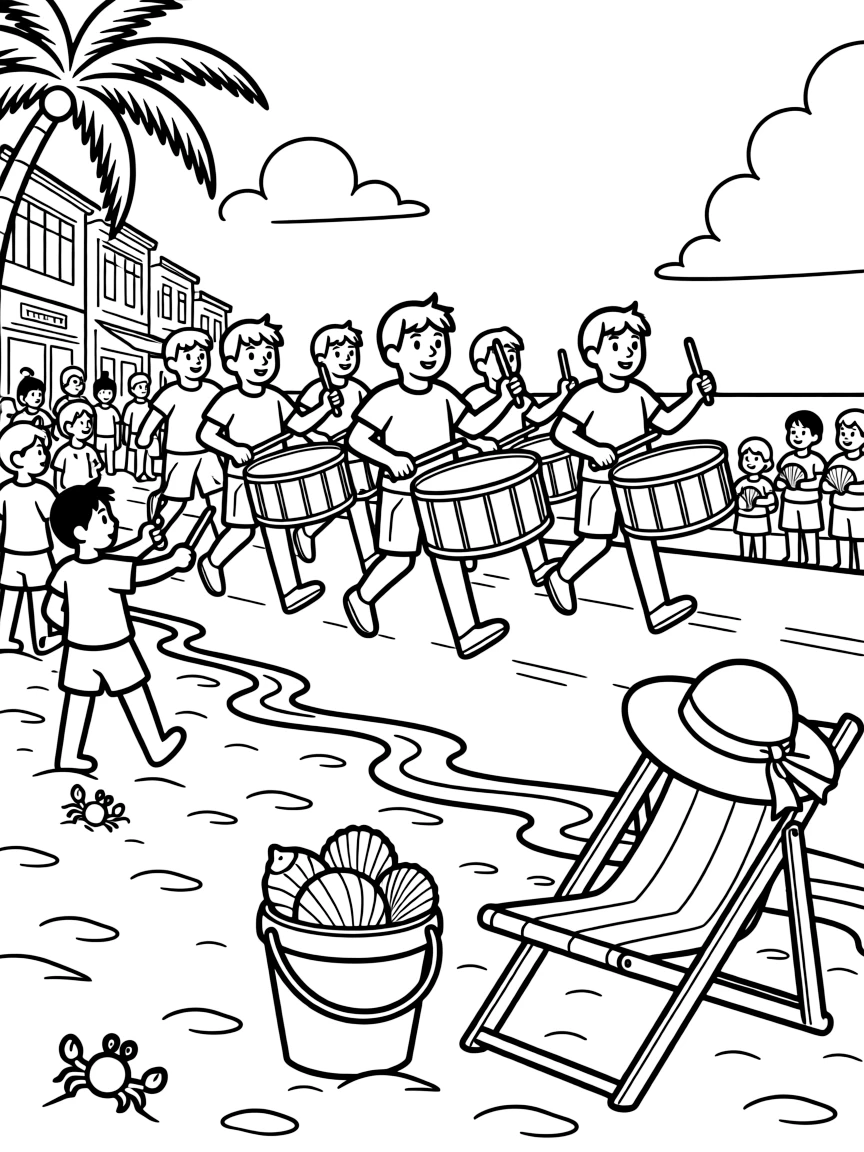 A close-up of a drumline marching through a crowded street on a sandy beach with gentle waves rolling in, surrounded by a seashell collection in a bucket and a sunhat resting on a beach chair.