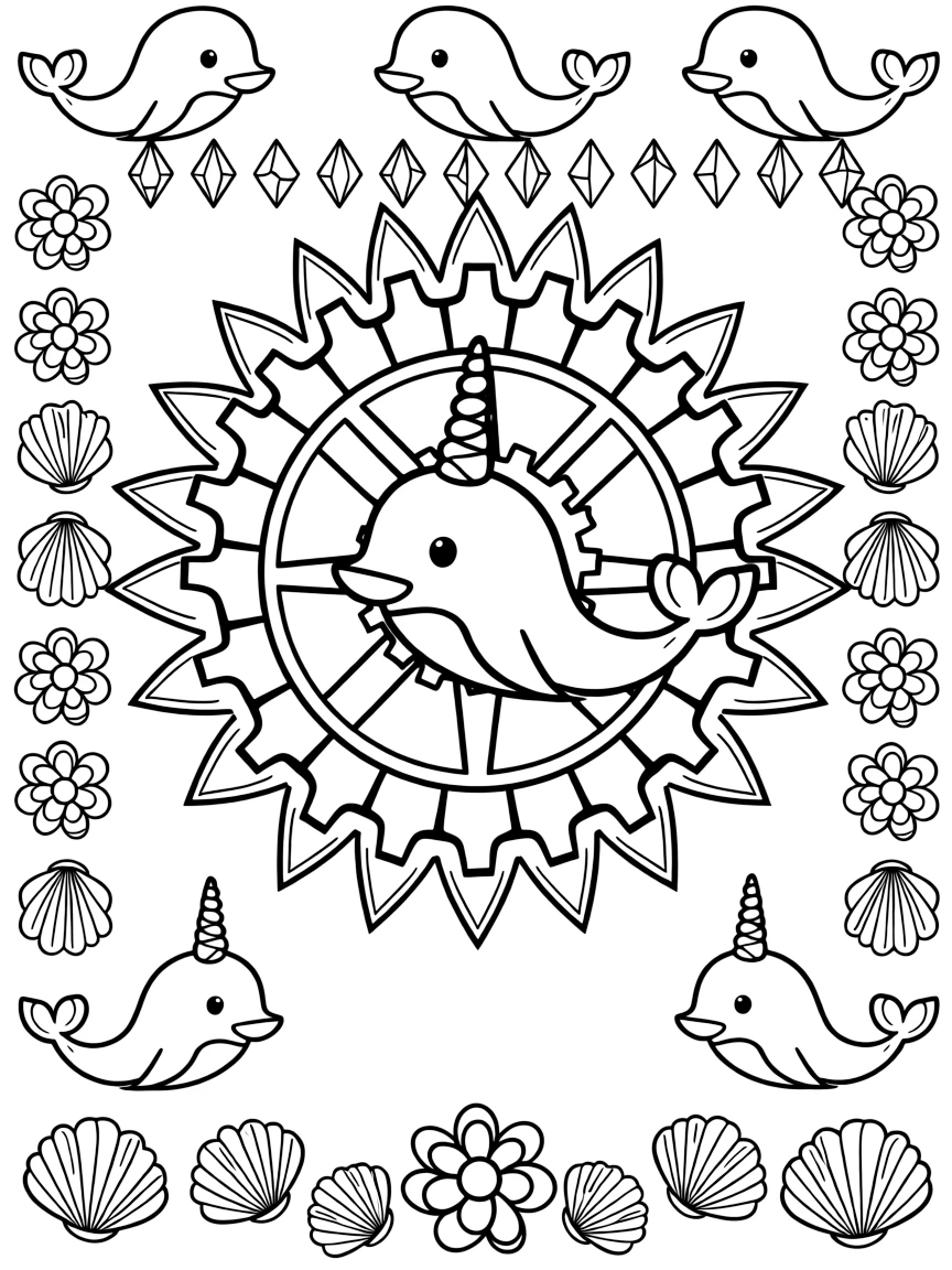 Ocean Creatures: The page centers on a repeating motif of a narwhal with a long spiraled tusk, built around a gear-wheel mandala with even notches around the rim. The motif is lined up along the top and bottom edges, mirrored by a matching row along the left and right sides. Decorative details fill the surrounding space, including rows of teardrop-shaped petals, angular crystal facets, and layered flower rosettes woven throughout the background. A playful extra touch completes the page: a cluster of small seashells scattered along the bottom border.