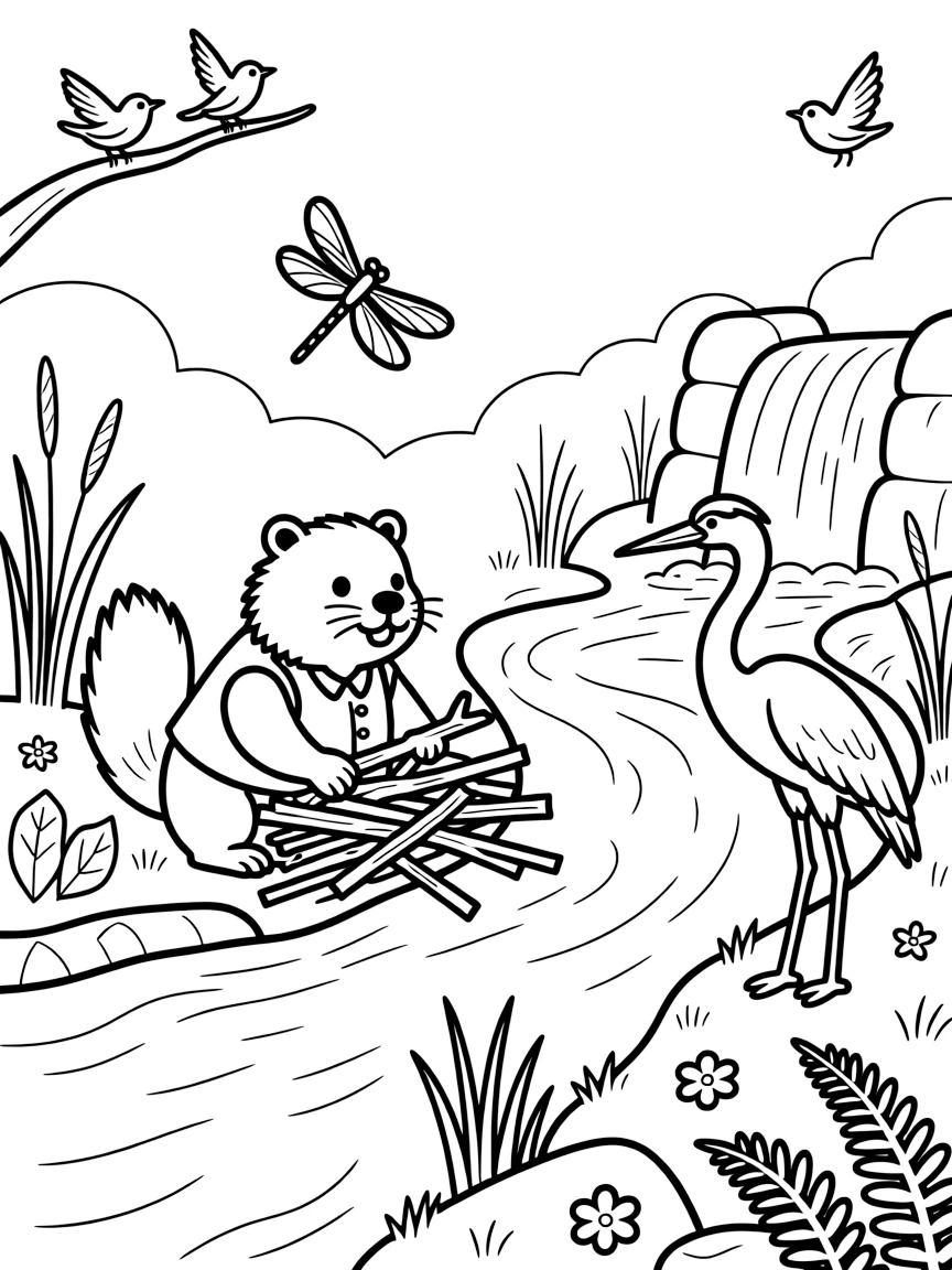 [River Adventures] A young beaver carefully stacks branches to build a cozy dam across a bubbling river. Dragonflies hover above the water while a heron wades slowly near the reeds, hunting for fish. The river winds past a small waterfall tumbling into a clear pool ringed with ferns. Soft morning mist rises off the river as the first birds begin to sing.