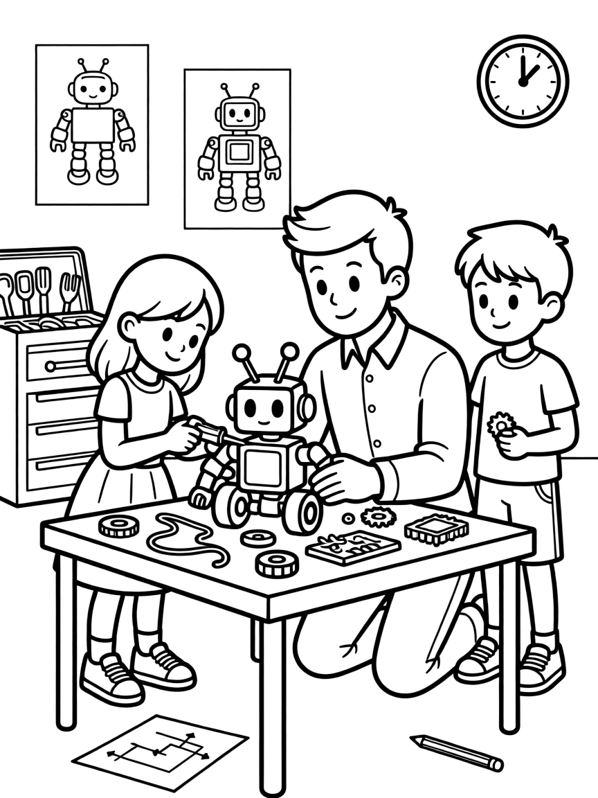 A robotics competition mentor helps students build a small robot for a school contest.