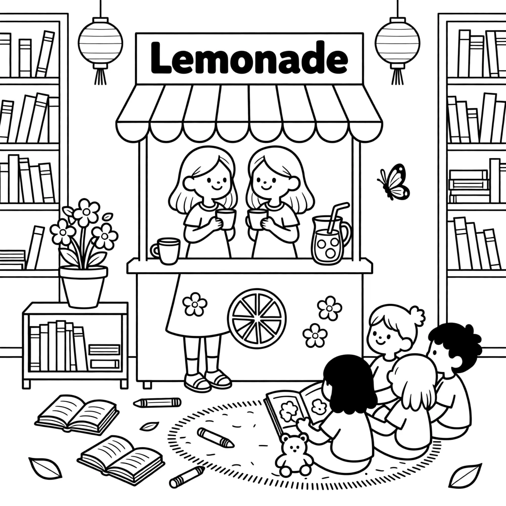 Twin sisters selling homemade lemonade at a library reading circle while a butterfly visits nearby.