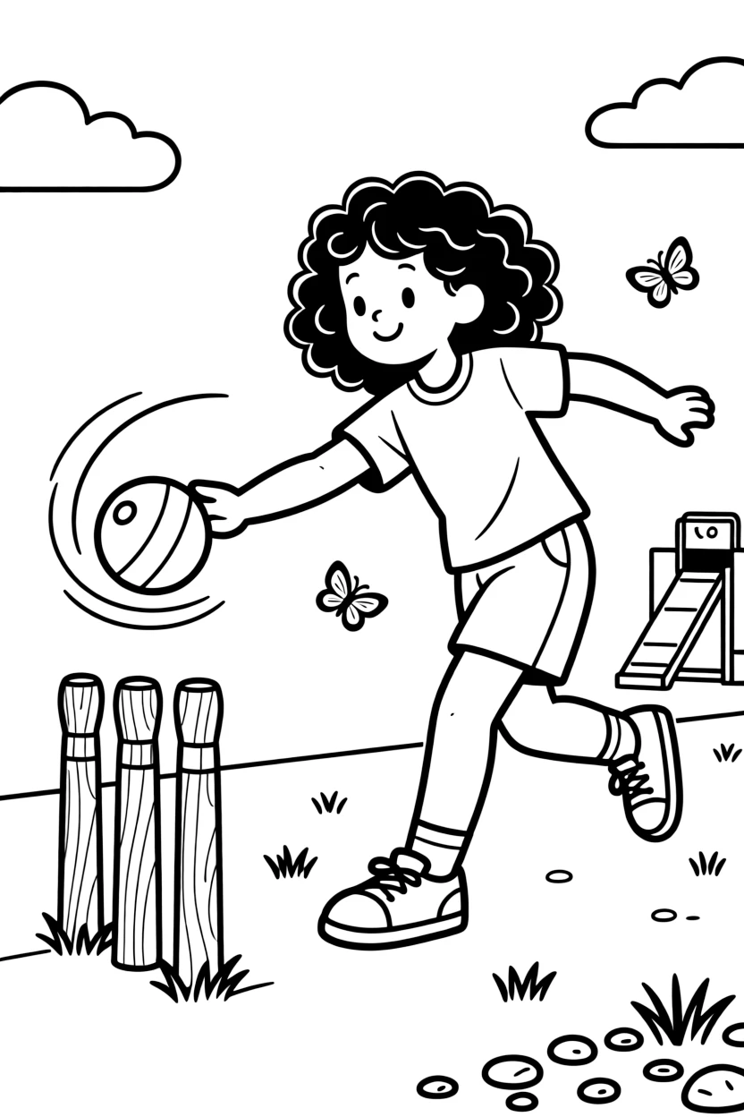 A little girl with curly hair, bowling a spin delivery that curves sharply toward the wooden stumps.