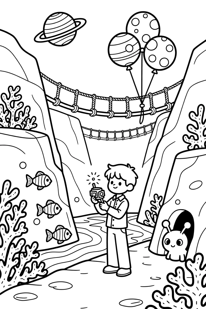 Inventor kid Solstice testing a mini weather machine guiding a school of glowing space fish through a coral tunnel in a canyon planet crisscrossed with ziplines and rope bridges, as a cluster of balloons shaped like planets and a curious alien creature peeking out from behind a rock fill the scene.