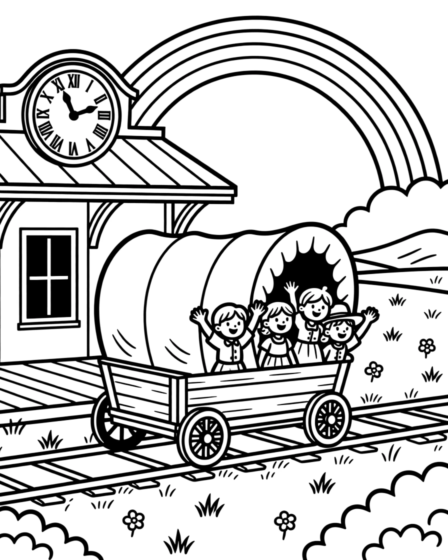 A covered wagon with wooden wheels crossing the prairie takes center stage in a historic train station platform with a big round clock, where a group of cheerful kids waving from the windows can be seen nearby, surrounded by a rainbow arching across the sky.