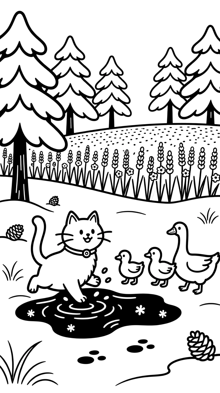 A barn cat splashing happily in a puddle with a goose family in a snowy pine forest, near a lavender field.