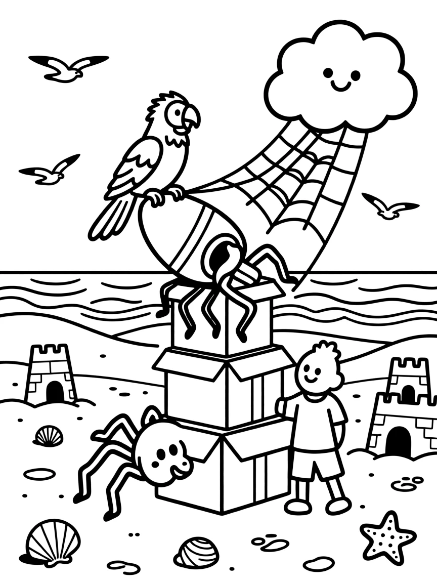 At the beach among sandcastles and seashell forts, a wiggly spider weaving rainbow webs is busy building a rocket out of cardboard boxes, cheered on by a cloud shaped like a giant marshmallow and a chatty parrot perched on one shoulder. It feels like the best day ever for everyone involved.
