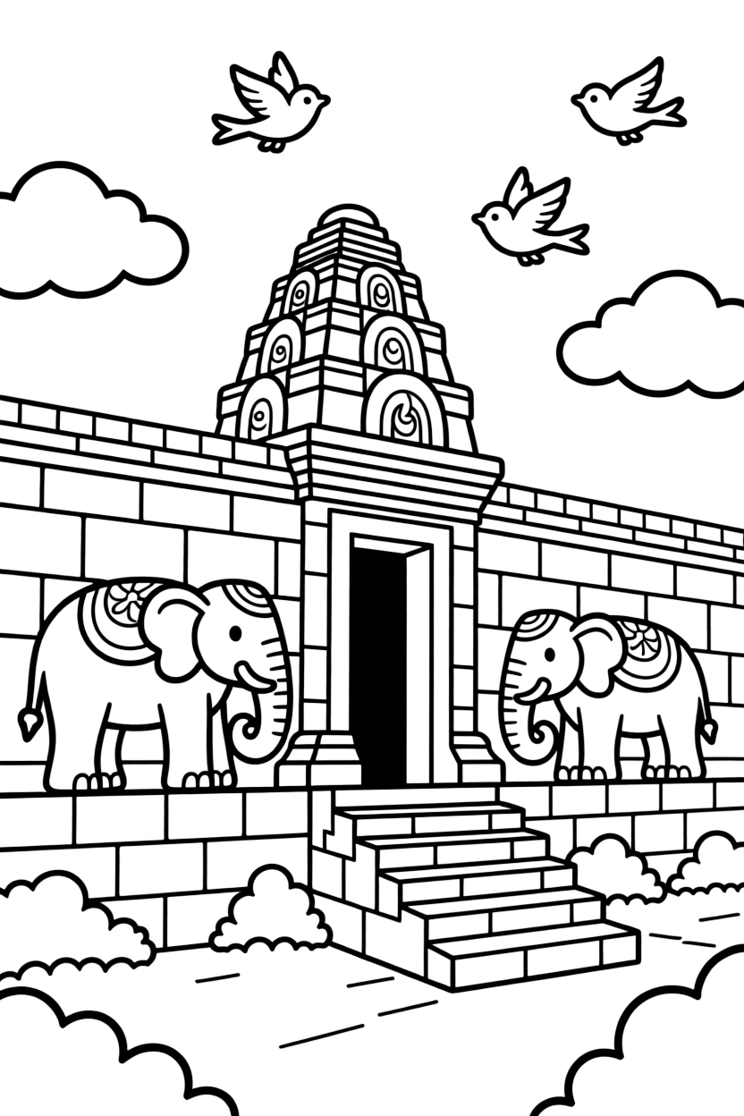 A coloring page celebrating Sri Lanka featuring an ancient carved stone temple with elephant statues along its walls, with a few small birds in the sky and friendly clouds nearby.