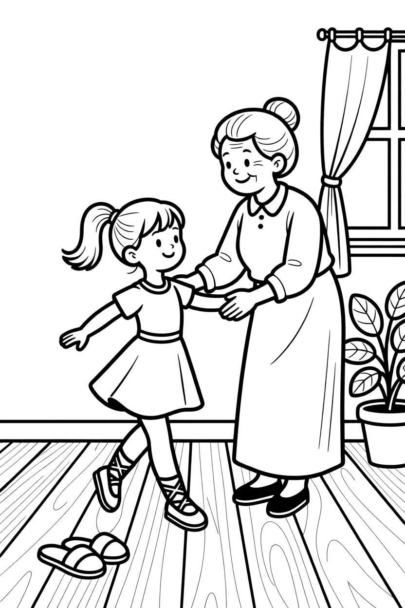a bold little girl wears traditional dance shoes while learning steps from a visiting grandmother.