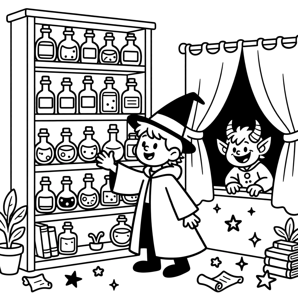 A mischievous imp swaps the labels on a wizard's potion shelf, grinning behind a curtain as the wizard reaches for the wrong bottle.