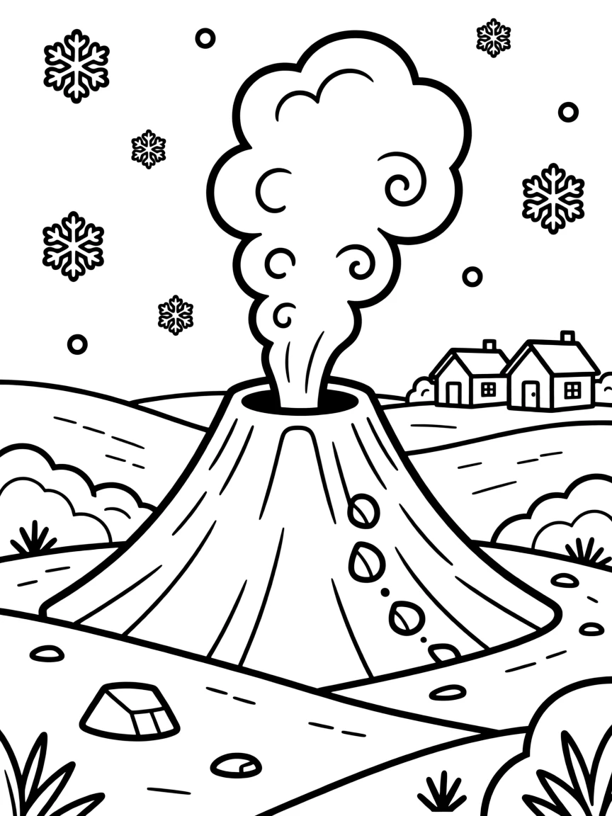 [Volcanoes] a volcano puffing a cloud of smoke sending small rocks tumbling down its slope within a smoky volcanic valley. In the background, a distant village sits safely on the horizon, adding extra fun to explore. Smoke billows upward in thick curls. It all happens at high noon, with snow gently falling.