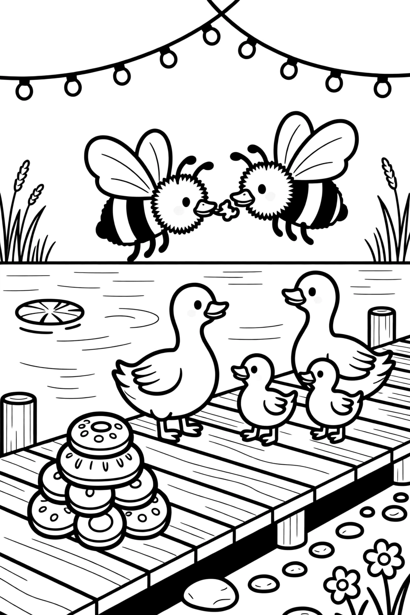 A fuzzy bumblebee is feeding a family of ducks by the water's edge on a wooden dock by a calm lake. In the background, strings of fairy lights strung overhead and a stack of freshly baked pastries complete the joyful scene.