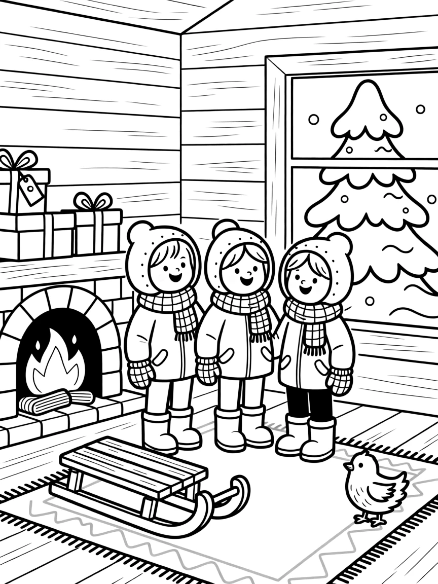 A parade of sledders bundled in warm coats in a cozy cabin with a crackling fireplace, alongside a tiny chick and a snow-covered pine tree, with a stack of wrapped gifts close by.