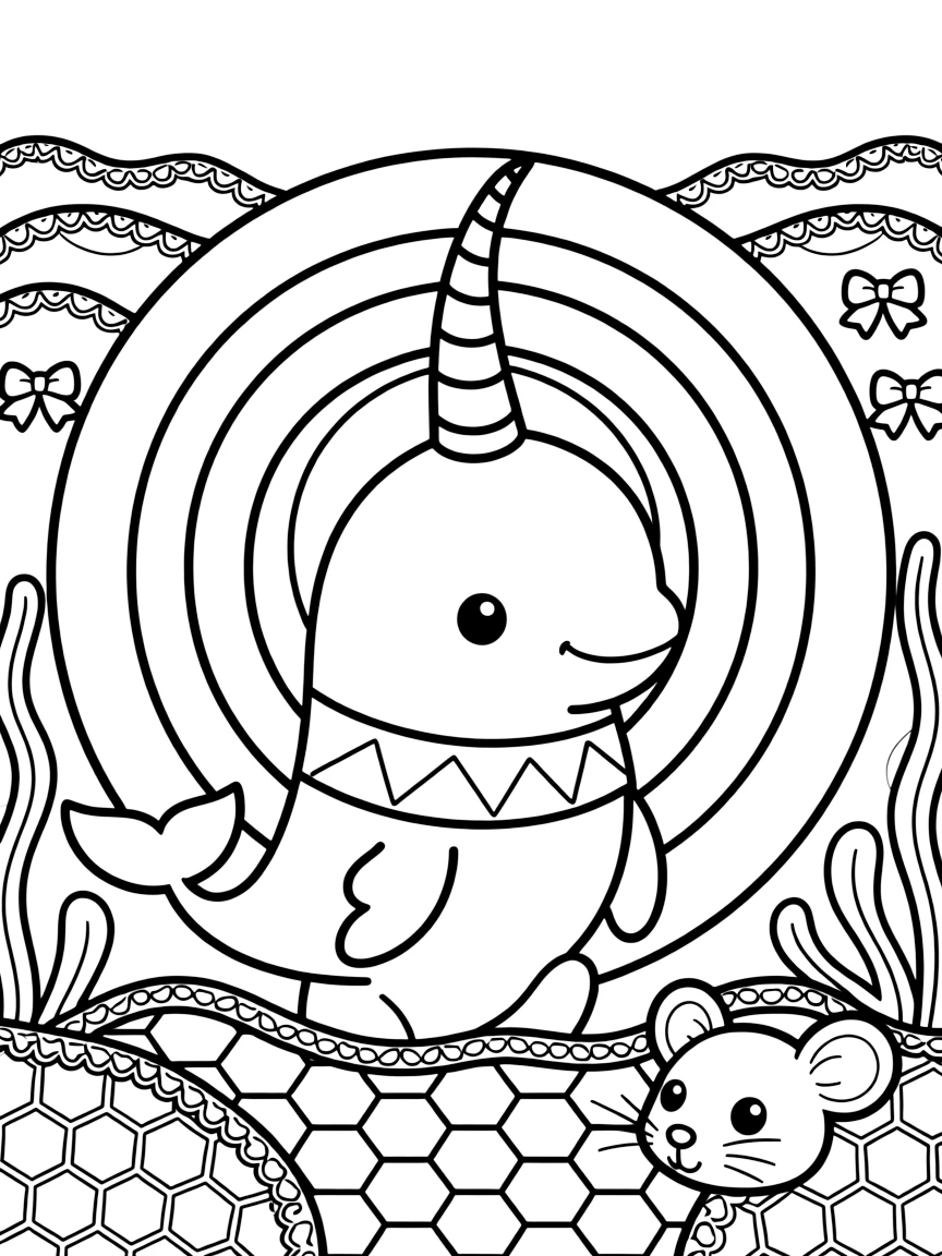 Ocean Creatures: The page presents a small themed scene built around a narwhal with a long spiraled tusk, tied together by a set of perfectly matched concentric rings. The scene is arranged in a mirrored scene, with matching elements balanced on the left and right halves of the page. Decorative details fill the surrounding space, including a field of tiny honeycomb cells, delicate lace-edged fringes, and loops shaped like small bows woven throughout the background. A playful extra touch completes the page: a curious little mouse peeking out from behind one of the shapes.