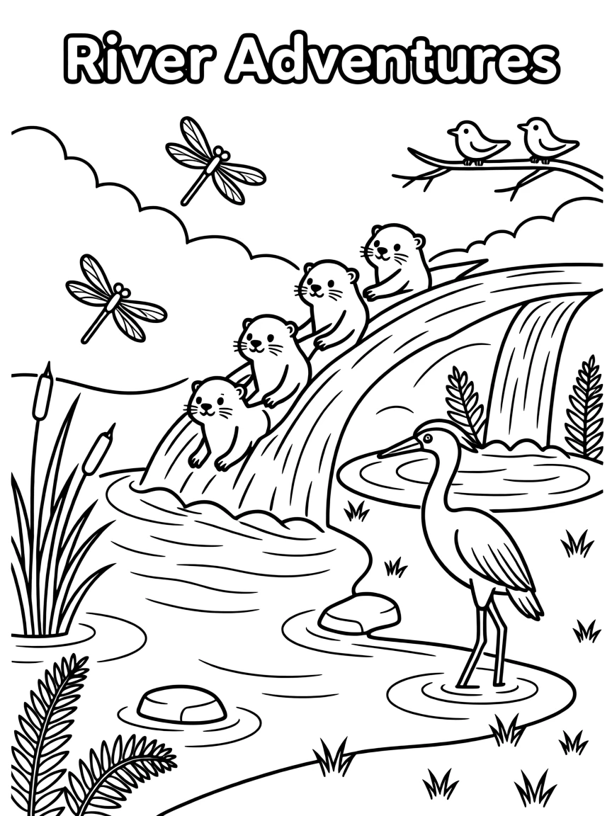 [River Adventures] A group of otters slide playfully down a muddy riverbank into the sparkling water below. Dragonflies hover above the water while a heron wades slowly near the reeds, hunting for fish. The river winds past a small waterfall tumbling into a clear pool ringed with ferns. Soft morning mist rises off the river as the first birds begin to sing.