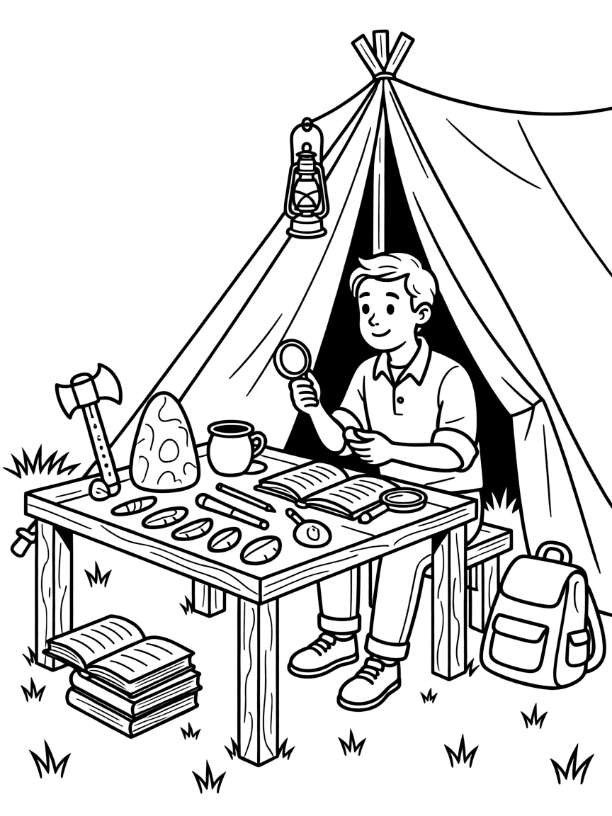 An anthropologist studies ancient tools laid out on a table in a research tent.