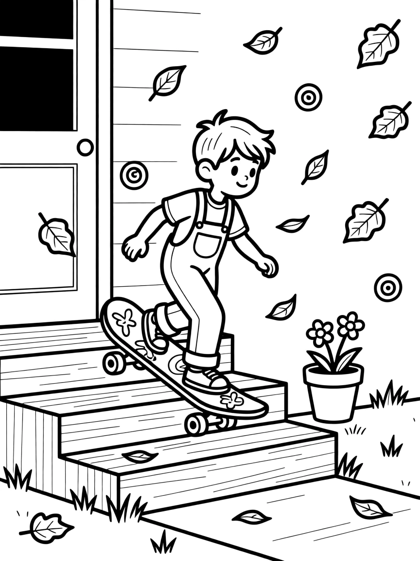 A boy in overalls riding a skateboard alone on the front porch steps, deeply focused, as fallen leaves swirl in the breeze.
