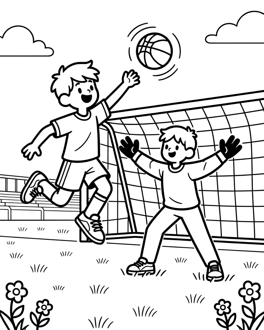 A cheerful young boy, leaping through the air to throw the ball past the goalkeeper into the net.