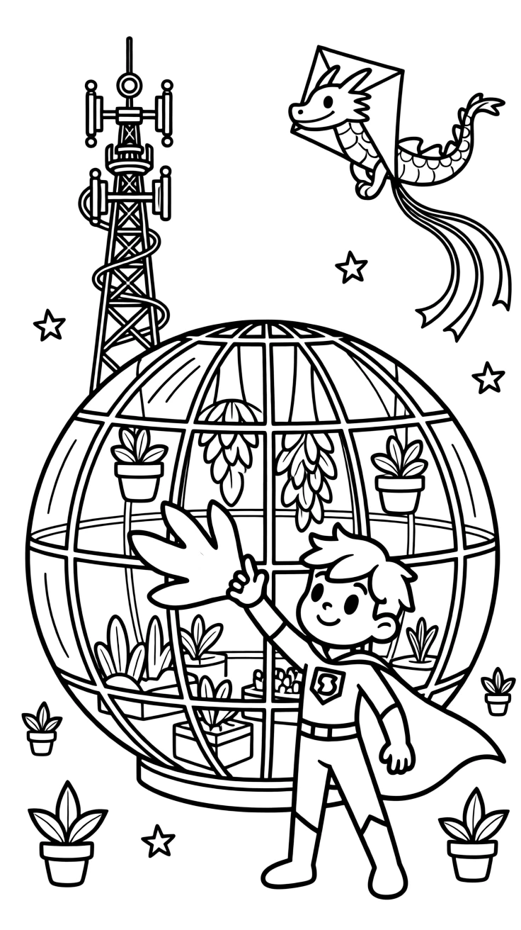 In a orbiting greenhouse station shaped like a giant glass sphere, Agent Bolt, a friendly ice-blasting superhero kid rescuing a kite tangled in the antenna of a radio tower, while a kite shaped like a friendly dragon flying overhead adds to the excitement.