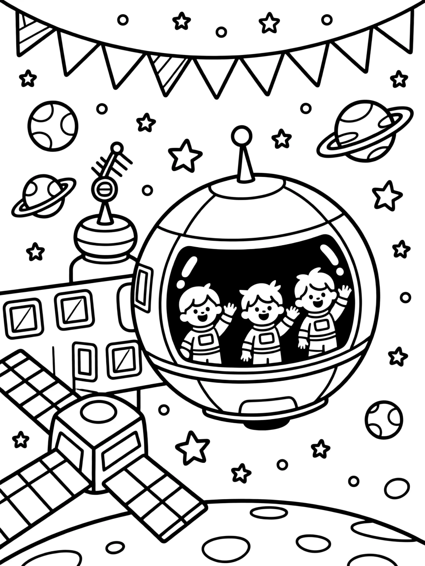 The scene captures a round astronaut capsule floating near a space station in the middle of outer space, dotted with twinkling stars and colorful planets, with a group of cheerful kids waving from the windows nearby and a string of triangle pennant flags overhead sprinkled around for extra fun.