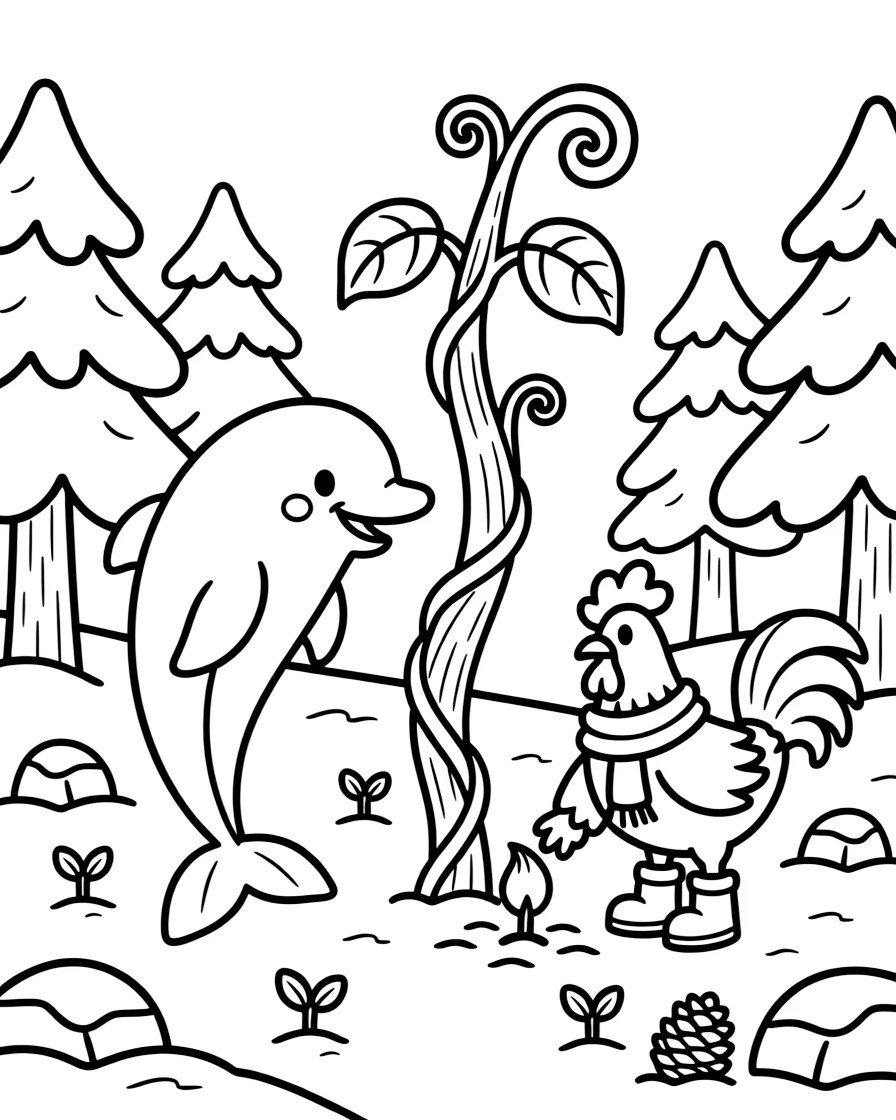 A dolphin in a snowy pine forest, planting seeds together with a rooster, next to a giant beanstalk.