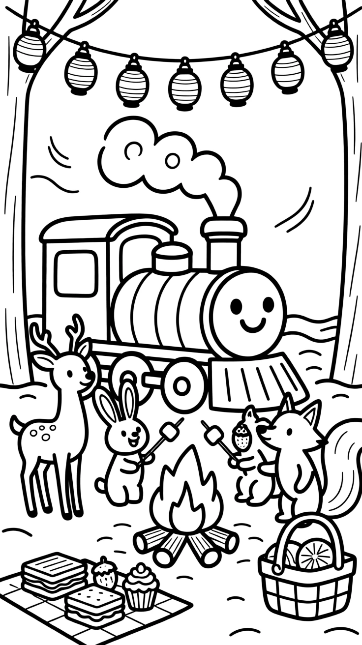 A snuggly train engine with a smiling face is conducting a choir of singing woodland animals at a beach bonfire roasting marshmallows, joined by a picnic basket overflowing with treats and a string of lanterns swaying gently overhead. A gentle breeze carries the sound of joyful laughter.
