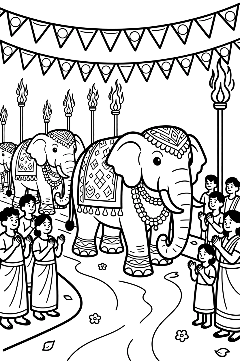 A coloring page showing a lively celebration in Sri Lanka with the Esala Perahera festival with decorated elephants parading under torchlight, while families clap and cheer and colorful banners hang overhead.