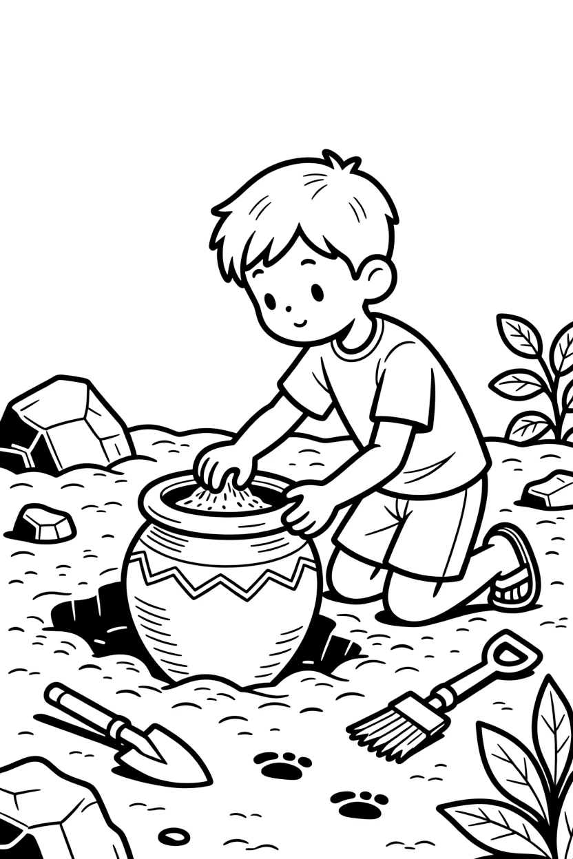 a determined little boy brushes sand away from a buried clay pot at a pretend archaeological dig.