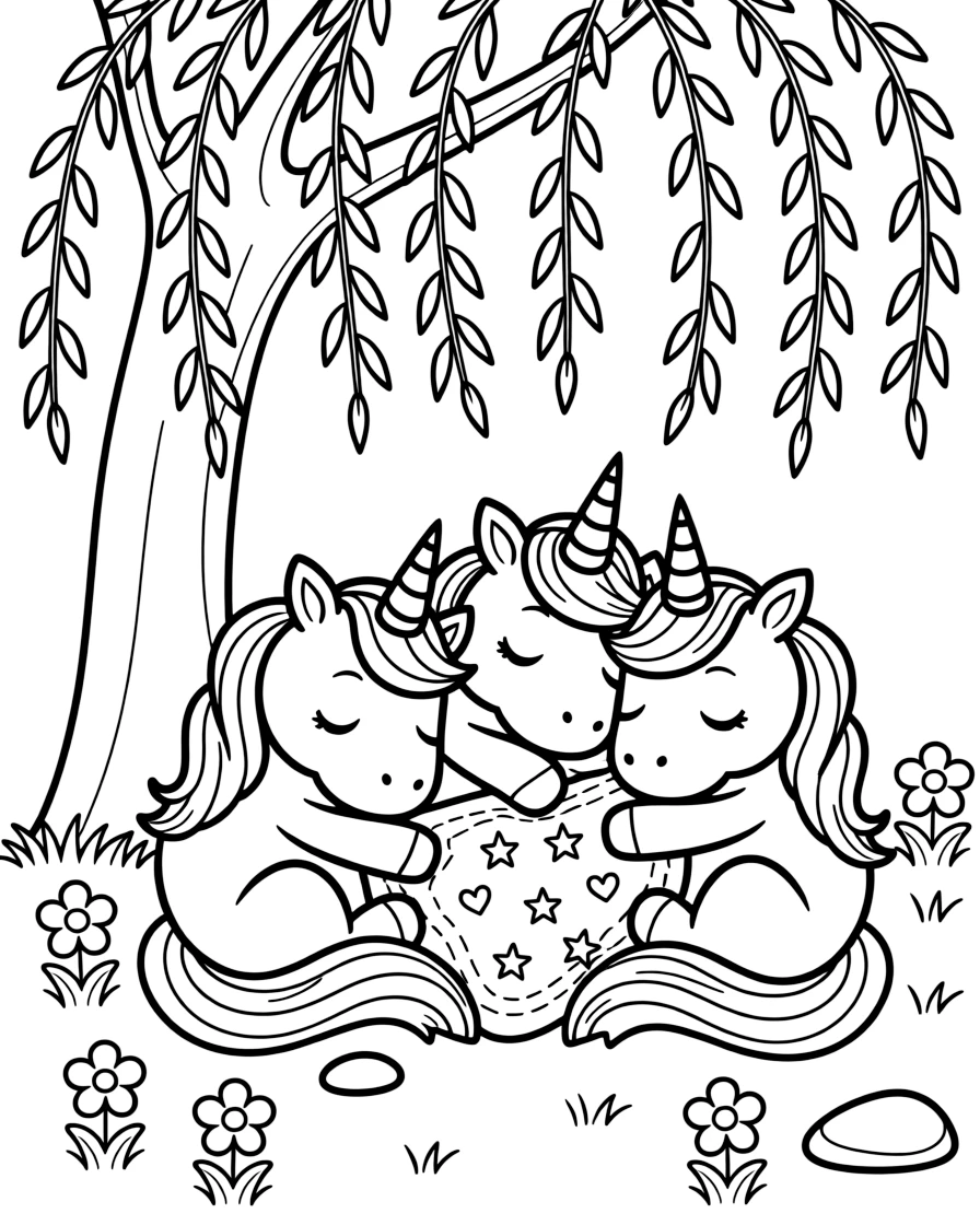 A trio of baby unicorns nap in a pile beneath a willow tree, their manes tangled together like a rainbow braid.