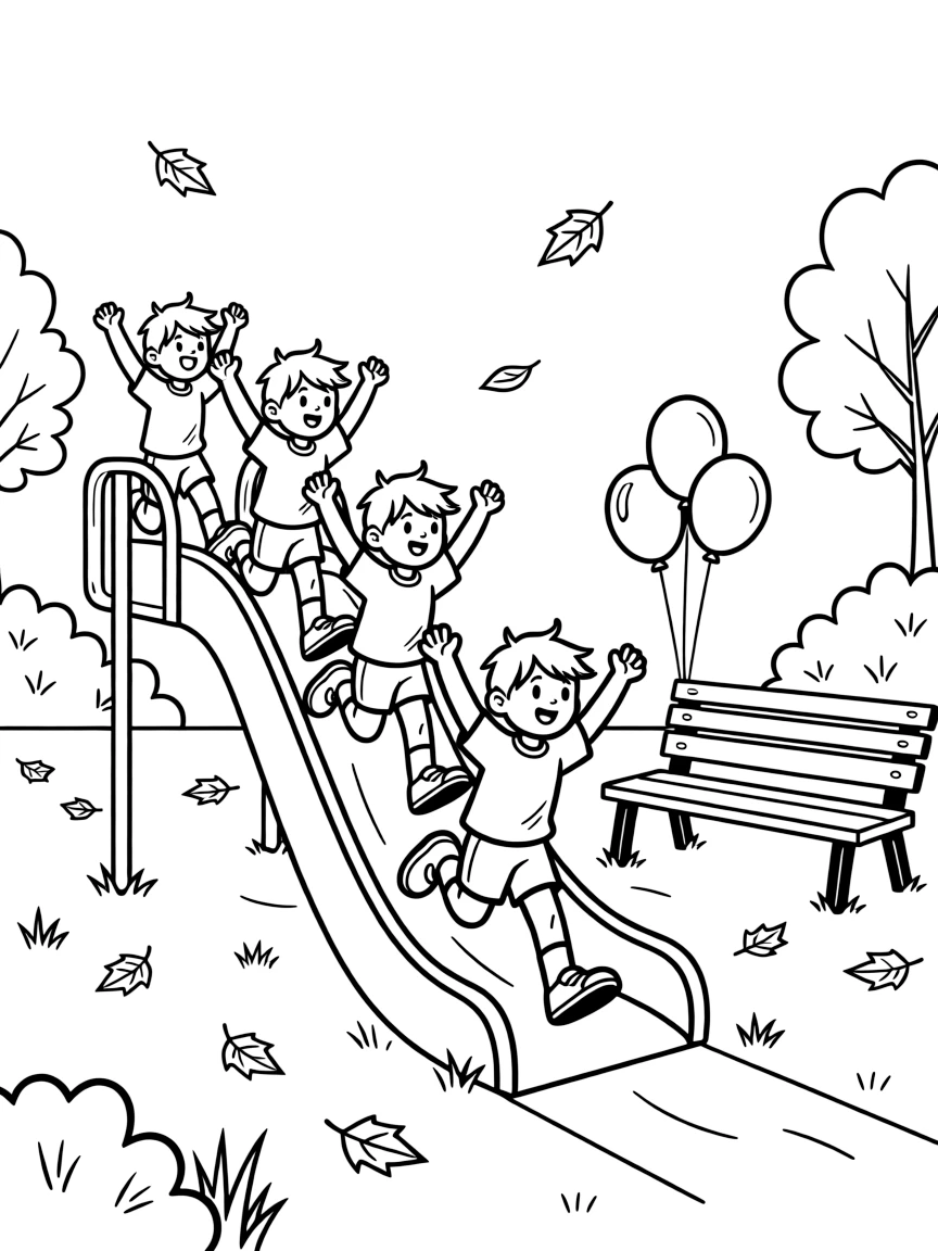 [Playgrounds] a group of kids racing down a slide sliding down with arms raised high in a sunny park, looking determined and brave. Nearby, balloons are tied to a nearby bench. Playful motion adds energy to the scene. The scene is captured on a crisp autumn afternoon, with a light breeze blowing, giving the page a lively and adventurous feel that invites plenty of colorful detail.