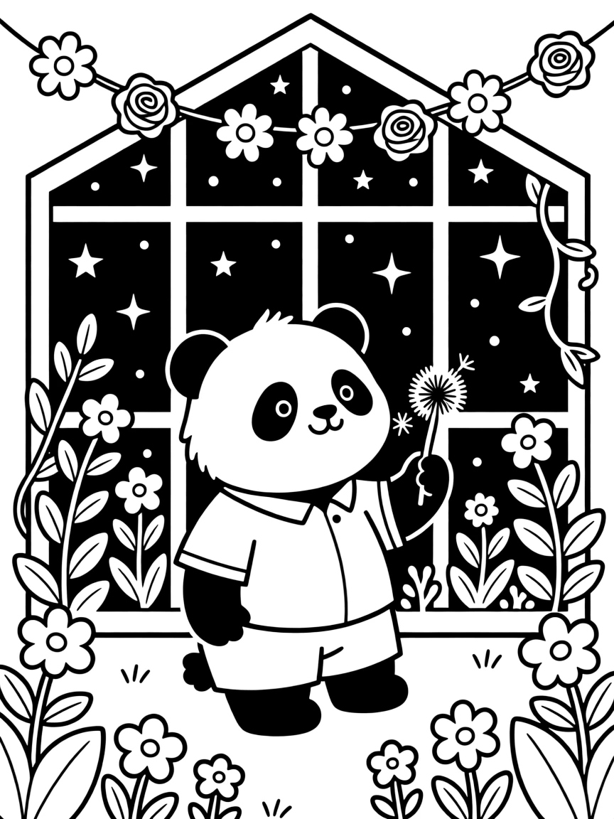 A chubby panda cub is making a wish while blowing on a dandelion inside a greenhouse overflowing with blooming plants. Nearby, sparkling stars scattered across the sky and a garland of paper flowers strung overhead bring the scene to life.