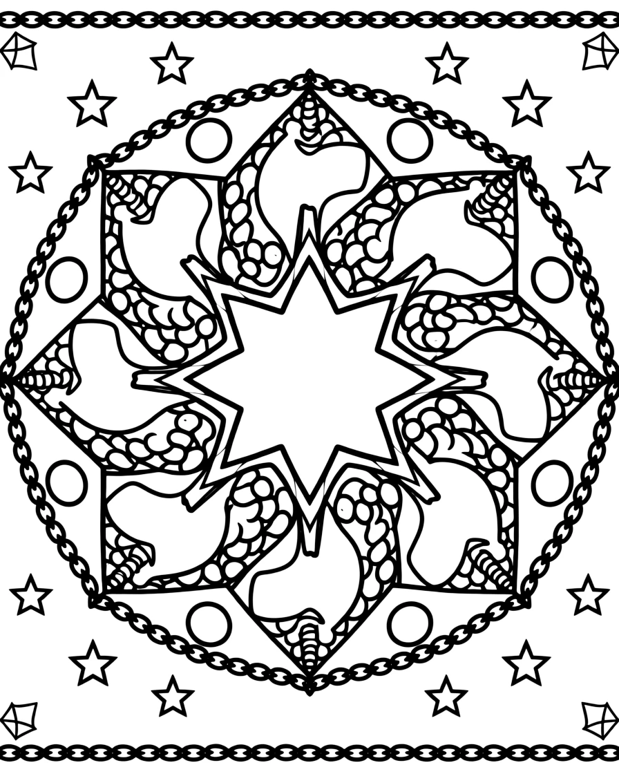 Ocean Creatures: The design turns a narwhal with a long spiraled tusk into a kaleidoscope-style composition anchored by an eight-point star mandala framing the design. The imagery is reflected six times around a central point, so each wedge of the page mirrors the one beside it. Decorative details fill the surrounding space, including overlapping fish-scale textures, interlocking circle chains, and clusters of small five-point stars woven throughout the background. A playful extra touch completes the page: a few sparkling gem shapes dotted along the outer border.