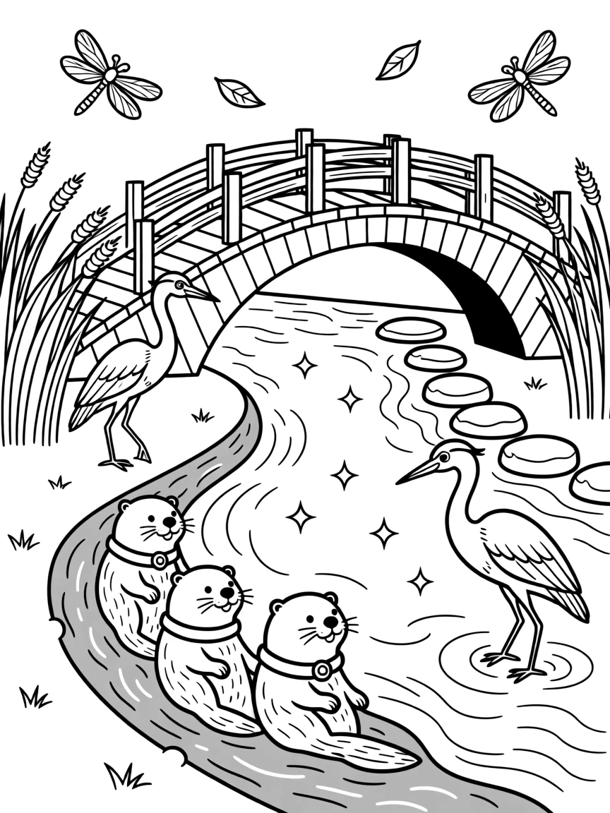 [River Adventures] A group of otters slide playfully down a muddy riverbank into the sparkling water below. Dragonflies hover above the water while a heron wades slowly near the reeds, hunting for fish. A rustic wooden bridge arches over the river, with smooth stepping stones leading across a shallow bend. Sunlight sparkles across the rippling water as a light breeze stirs the reeds along the bank.