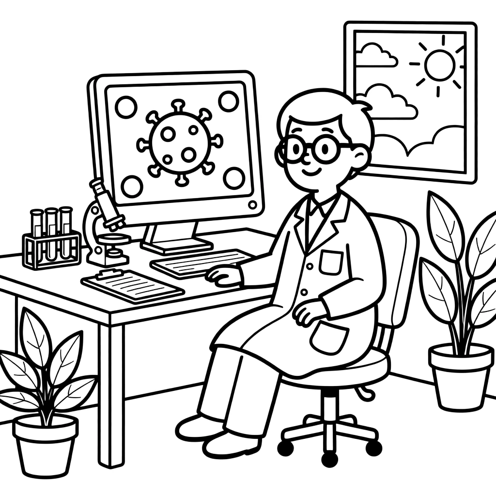 A virologist examines a virus sample displayed on a large lab computer screen.