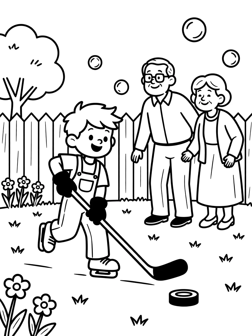 A boy in overalls playing hockey with both grandparents in the backyard as soap bubbles float upward.