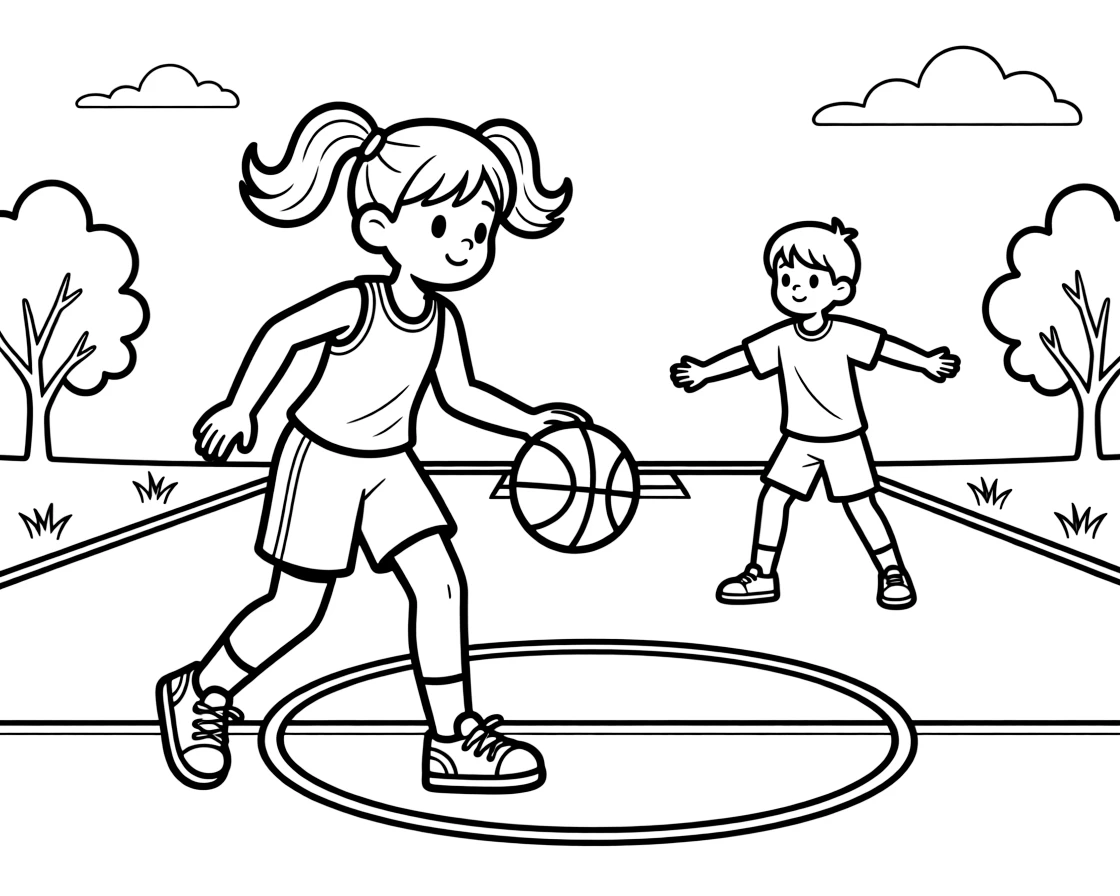 A determined girl with pigtails, dribbling the ball down the court while dodging a defender's outstretched arms.