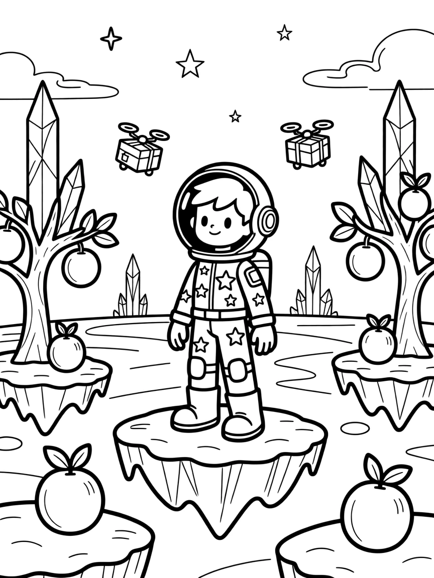In a shimmering ice planet dotted with crystal spires, Cadet Turbo, a young space explorer in a starry spacesuit harvesting glowing fruit from floating orchard islands, while tiny drones buzzing around delivering packages adds to the excitement.