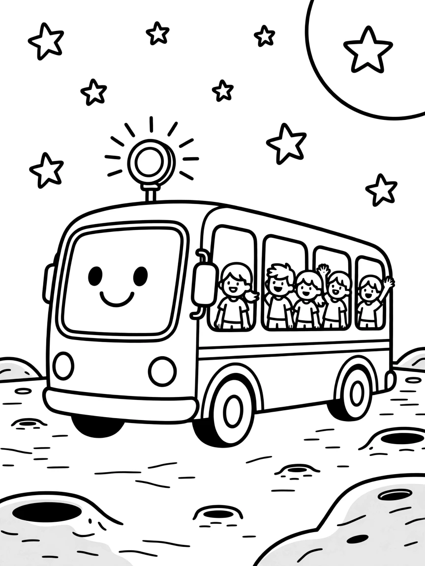 A friendly robot tour bus with a smiling screen face is shown journeying through the dusty gray surface of the moon under a starry sky, with a group of cheerful kids waving from the windows close by and a signal light blinking cheerfully completing the lively scene.