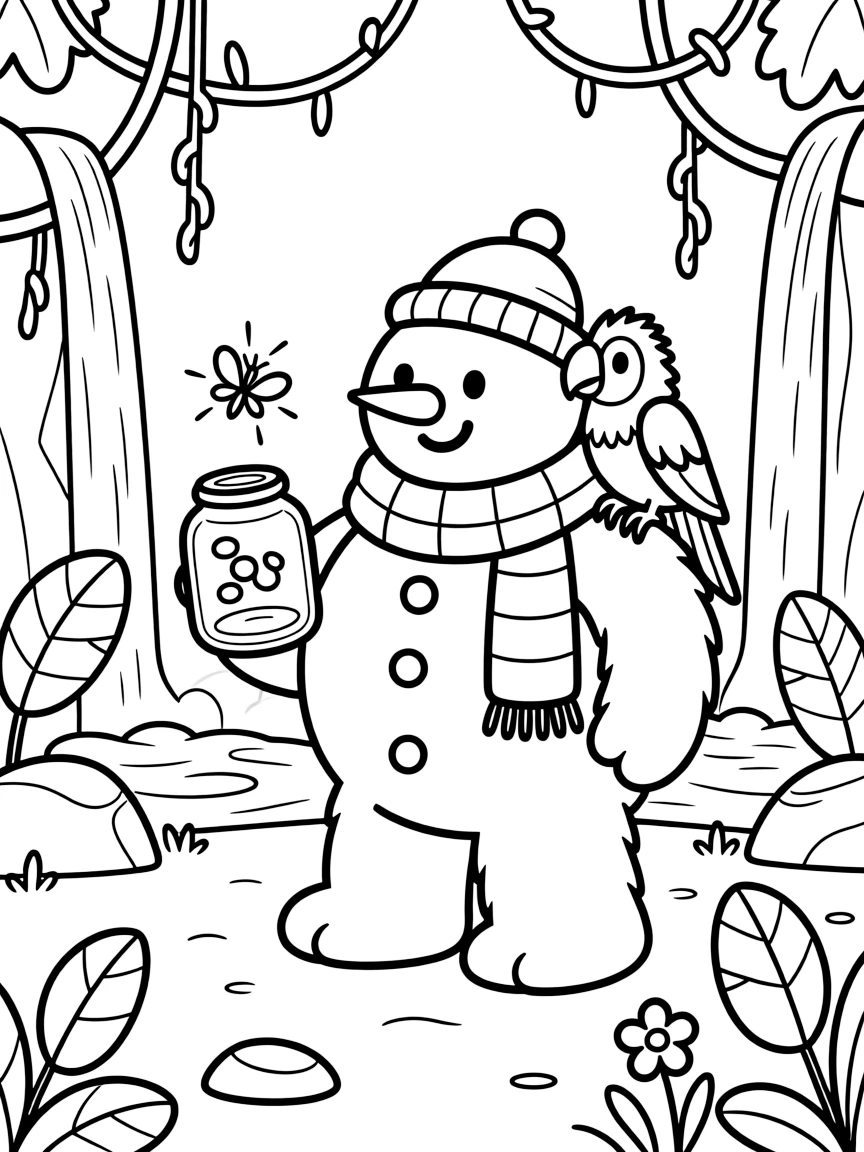 A snuggly gentle giant snowman takes a break from adventures to try catching fireflies in a jar to light up the night in a jungle clearing with hanging vines and waterfalls, with a chatty parrot perched on one shoulder close behind. The whole gang can't stop smiling.