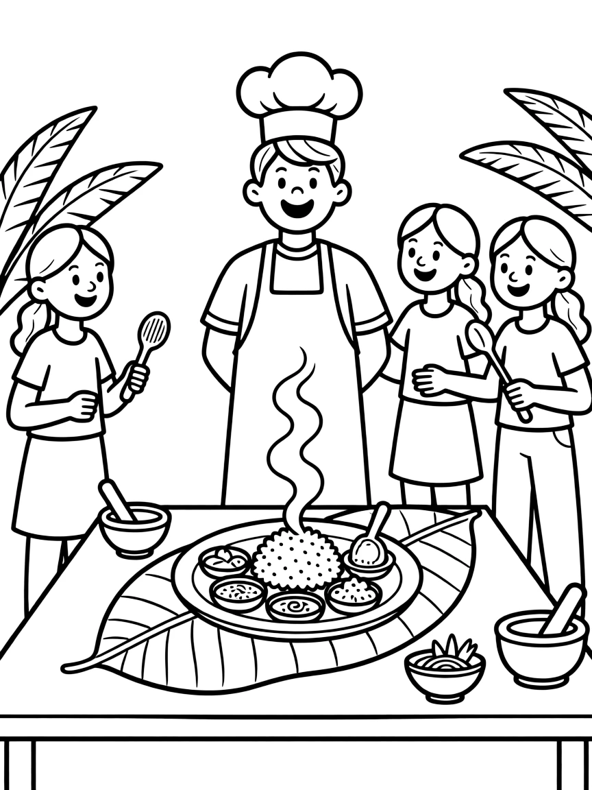 A coloring page of a happy cook in Sri Lanka presenting a plate of rice and curry with coconut sambol on a banana leaf, with steam rising and cheerful helpers gathered around the table.