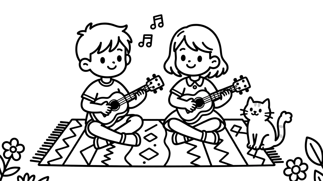a determined pair of best friends strums a ukulele while sitting cross-legged on a colorful rug.
