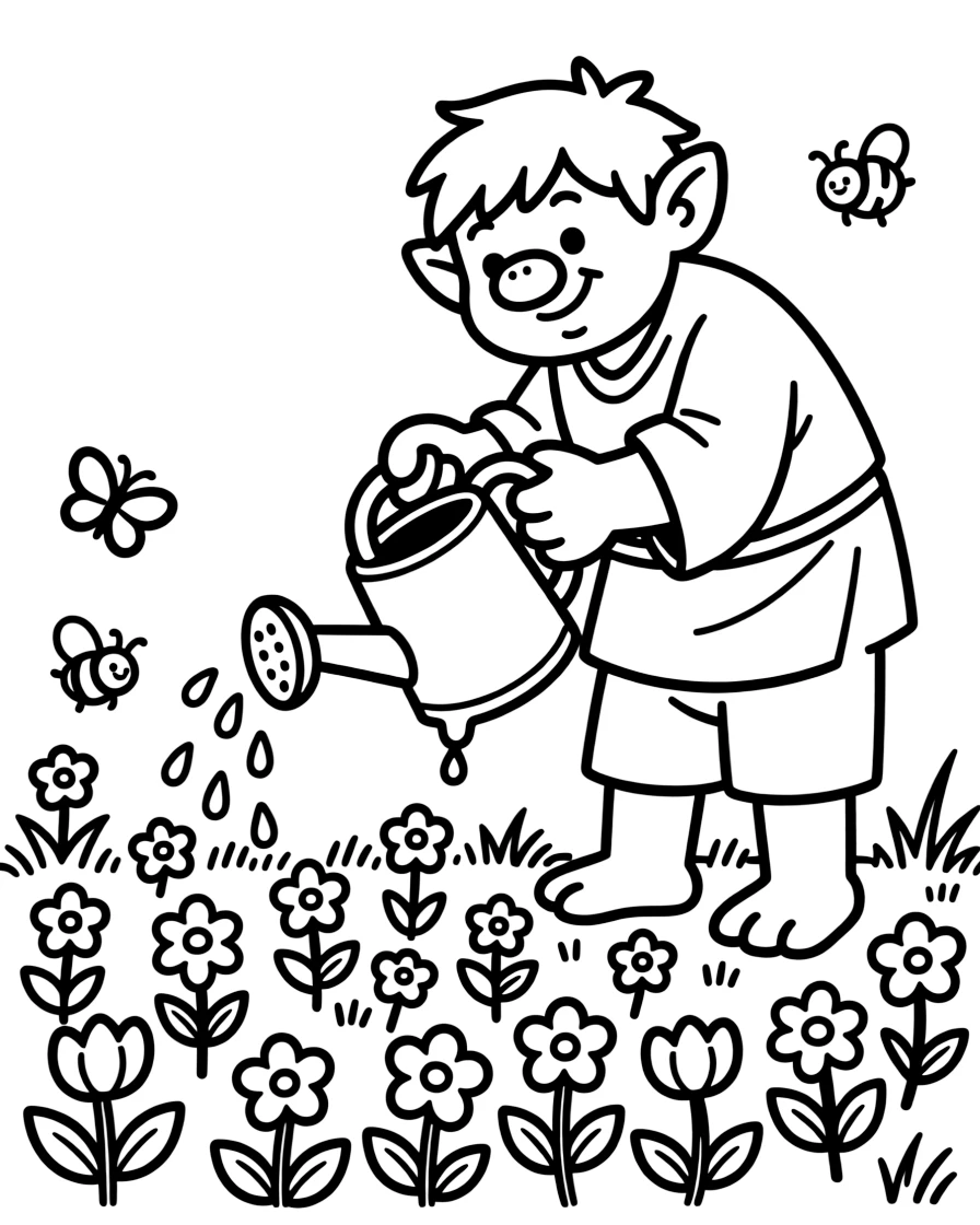 An ogre with a surprisingly gentle heart carefully waters a garden of tiny flowers using a leaky watering can twice his size.